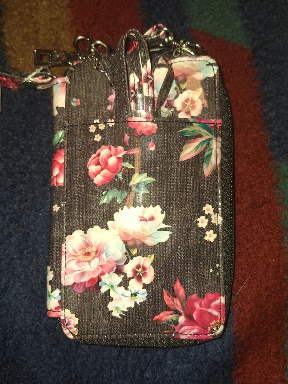 Kelly & Katie Black Floral Wristlet Phone Pouch with Pink Flowers